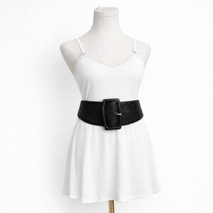 Vintage Italian Leather Wide Waist Belt Black Statement Buckle 34